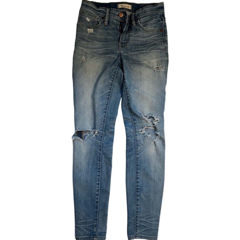 Madewell size 26 skinny leg mid rise jeans medium wash ripped/distressed - Picture 2 of 3
